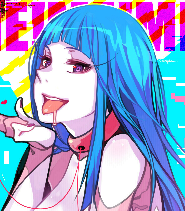 1girl :d blue_hair collar curryuku drooling heart long_hair looking_at_viewer me!me!me! meme_(me!me!me!) open_mouth pale_skin saliva smile tongue tongue_out violet_eyes