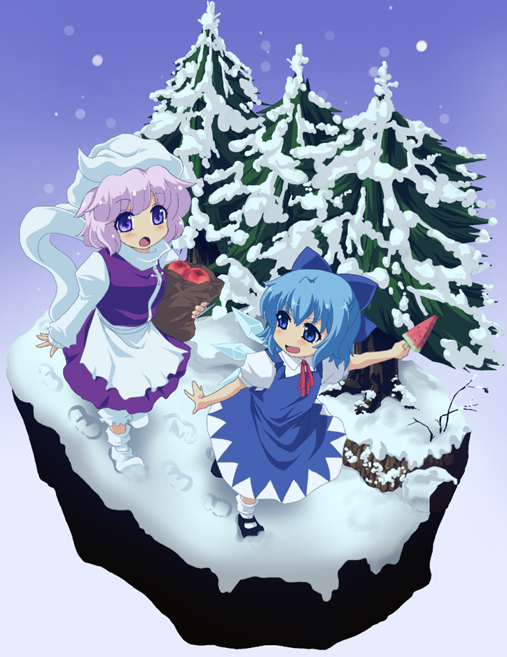 2girls :d :o \||/ akuto apple bag blue_eyes blue_hair blush bobby_socks bow cirno dress food fruit grocery_bag hair_bow hat juliet_sleeves large_bow layered_dress letty_whiterock long_sleeves mary_janes multiple_girls open_mouth pine_tree popsicle puffy_sleeves purple_hair scarf shoes shopping_bag short_hair smile snow snowing socks tareme touhou tree violet_eyes watermelon_bar