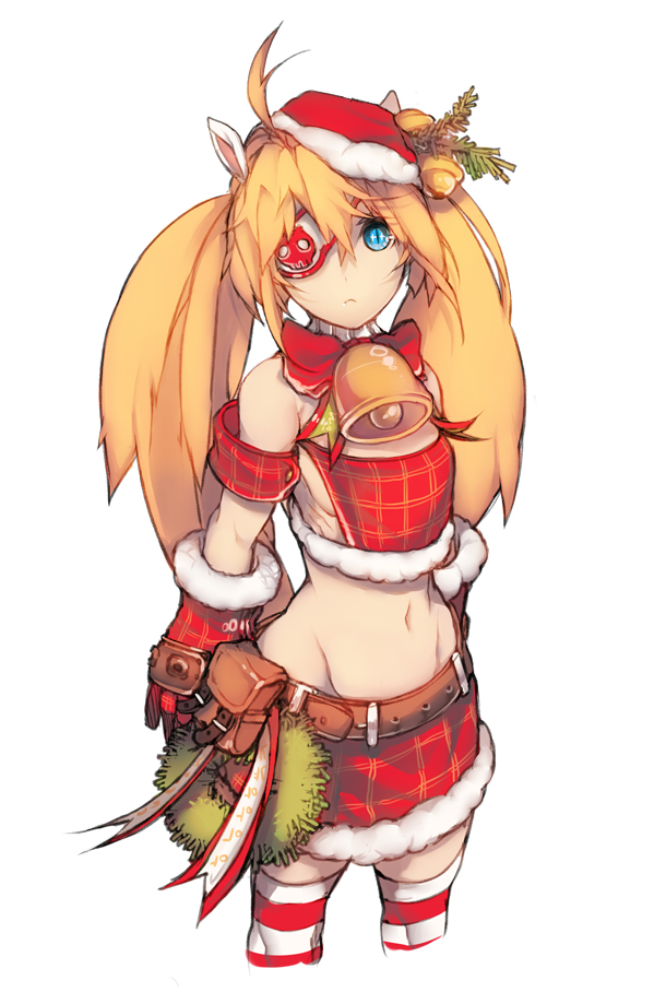 1girl animal_ears bell blade_&amp;_soul blue_eyes character_request christmas cropped_legs eyepatch gloves hat honey_bee_(bancoth) long_hair midriff mound_of_venus navel orange_hair red_gloves santa_hat skirt slit_pupils solo striped striped_legwear thigh-highs twintails zettai_ryouiki