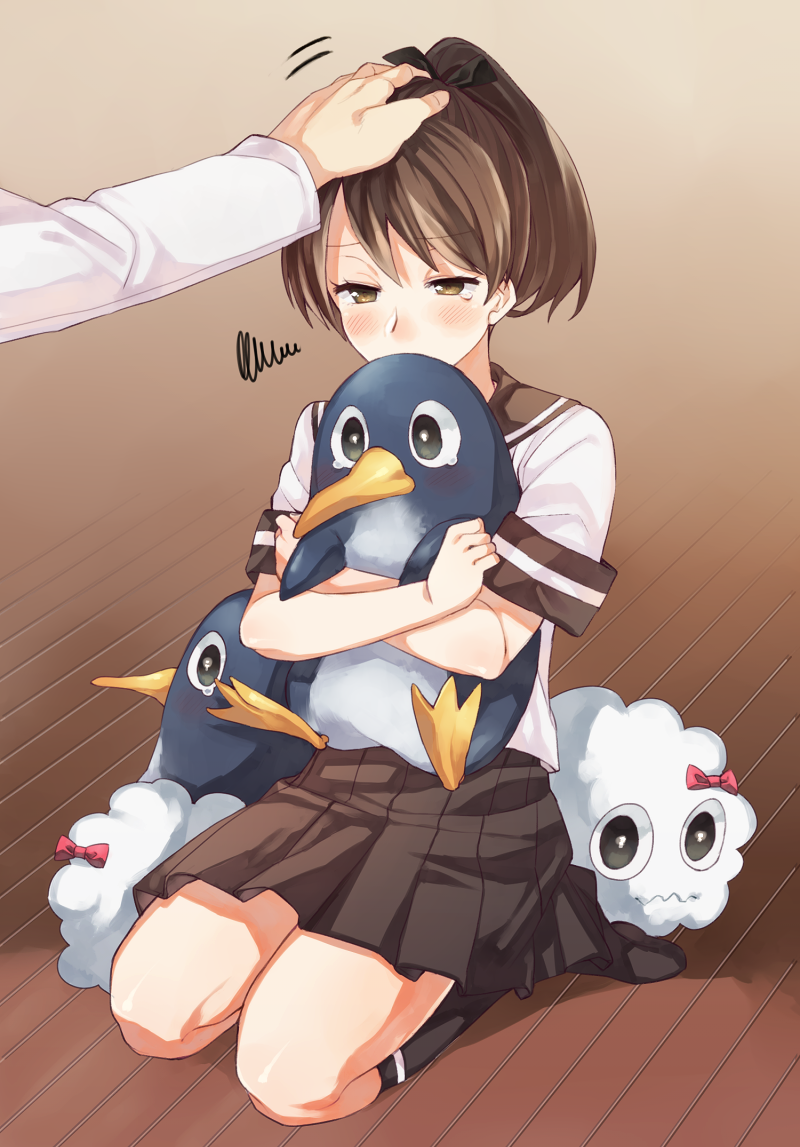 1girl admiral_(kantai_collection) batten_(yukibara_7) brown_eyes brown_hair brown_legwear brown_skirt covering_mouth failure_penguin hand_on_another's_head high_ponytail kantai_collection miss_cloud neckerchief no_shoes petting pleated_skirt ponytail sailor_collar school_uniform seiza serafuku shikinami_(kantai_collection) sitting skirt squiggle tears wooden_floor