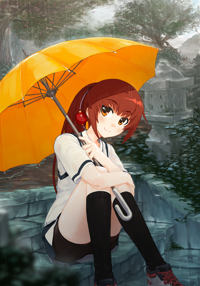 1girl blush brown_eyes brown_hair hair_ornament kawakami_kazuko kneehighs leg_hug long_hair looking_at_viewer maji_de_watashi_ni_koi_shinasai! orz_(orz57) outdoors ponytail rain school_uniform shoes sitting sitting_on_stairs smile sneakers solo umbrella