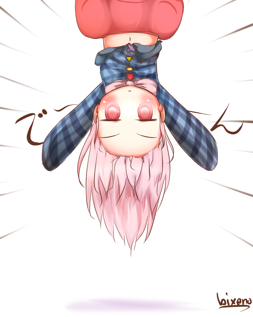 1girl artist_name bikuseno blush ears expressionless hata_no_kokoro highres long_hair long_sleeves looking_at_viewer navel pink_eyes pink_hair pink_skirt plaid plaid_shirt shirt simple_background sketch skirt solo touhou upside-down white_background