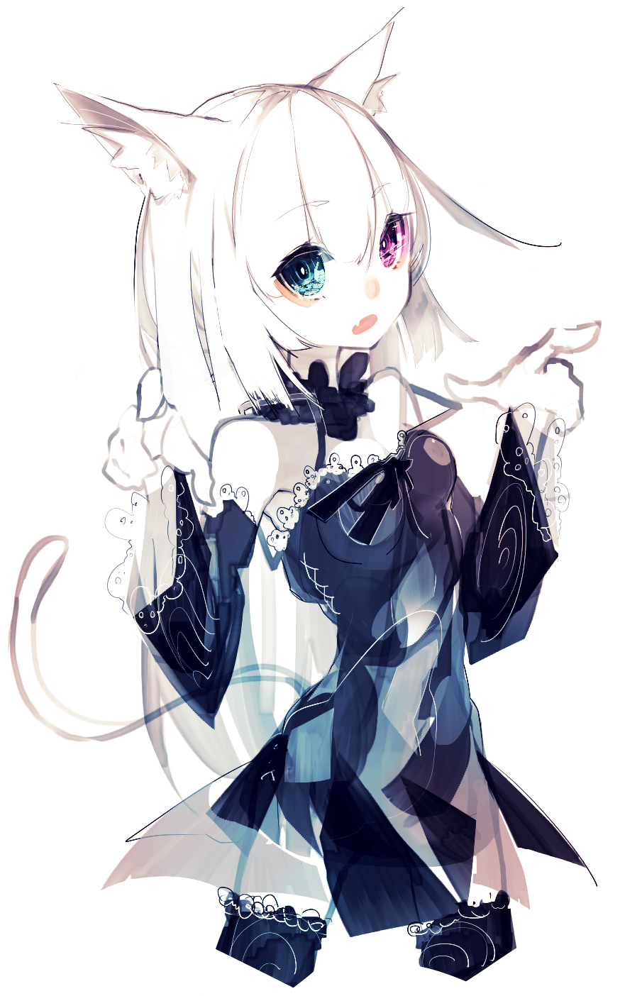 1girl animal_ears bare_shoulders black_legwear blue_eyes cat_ears cat_tail dress fang heterochromia highres long_hair open_mouth original paw_pose ribbon riuichi simple_background solo tail thigh-highs violet_eyes white_background white_hair