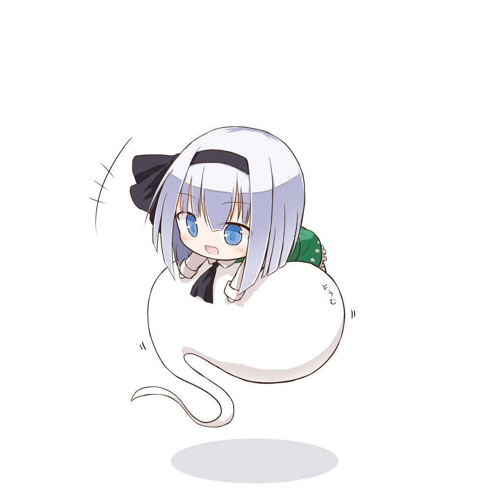 +++ 1girl black_bow blue_eyes bow chibi commentary_request hair_bow konpaku_youmu konpaku_youmu_(ghost) long_sleeves open_mouth short_hair silver_hair simple_background touhou white_background yamato_tachibana