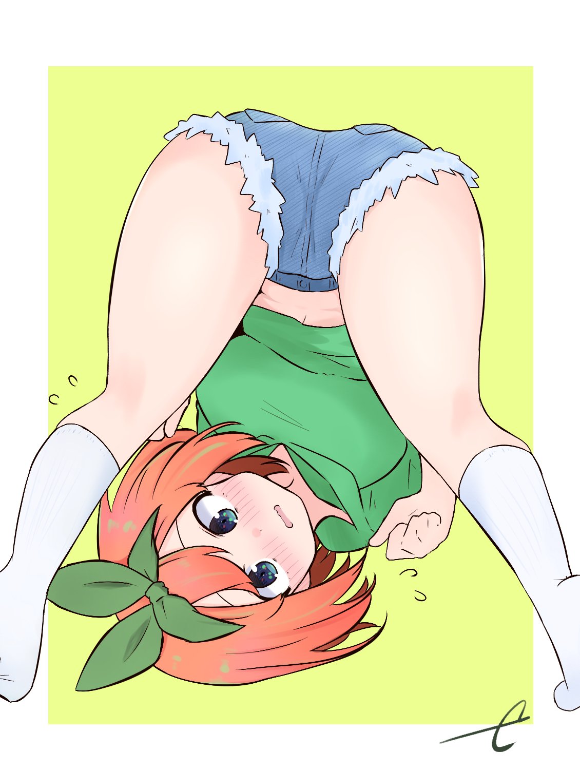 ass bangs blue_eyes blue_shorts blush commentary_request cutoffs denim denim_shorts eyebrows_behind_hair feet_out_of_frame flying_sweatdrops go-toubun_no_hanayome green_background green_hoodie green_ribbon highres hood hood_down hoodie kneepits kujou_karasuma nakano_yotsuba no_shoes nose_blush orange_hair parted_lips ribbon short_shorts shorts signature socks two-tone_background upside-down wavy_mouth white_background white_legwear