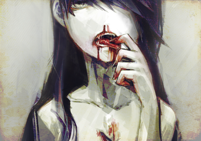 1girl black_hair blood bloody_nose fangs hair_over_one_eye long_hair looking_at_viewer nude open_mouth original pale_skin solo teeth toi_(number8) tongue tongue_out