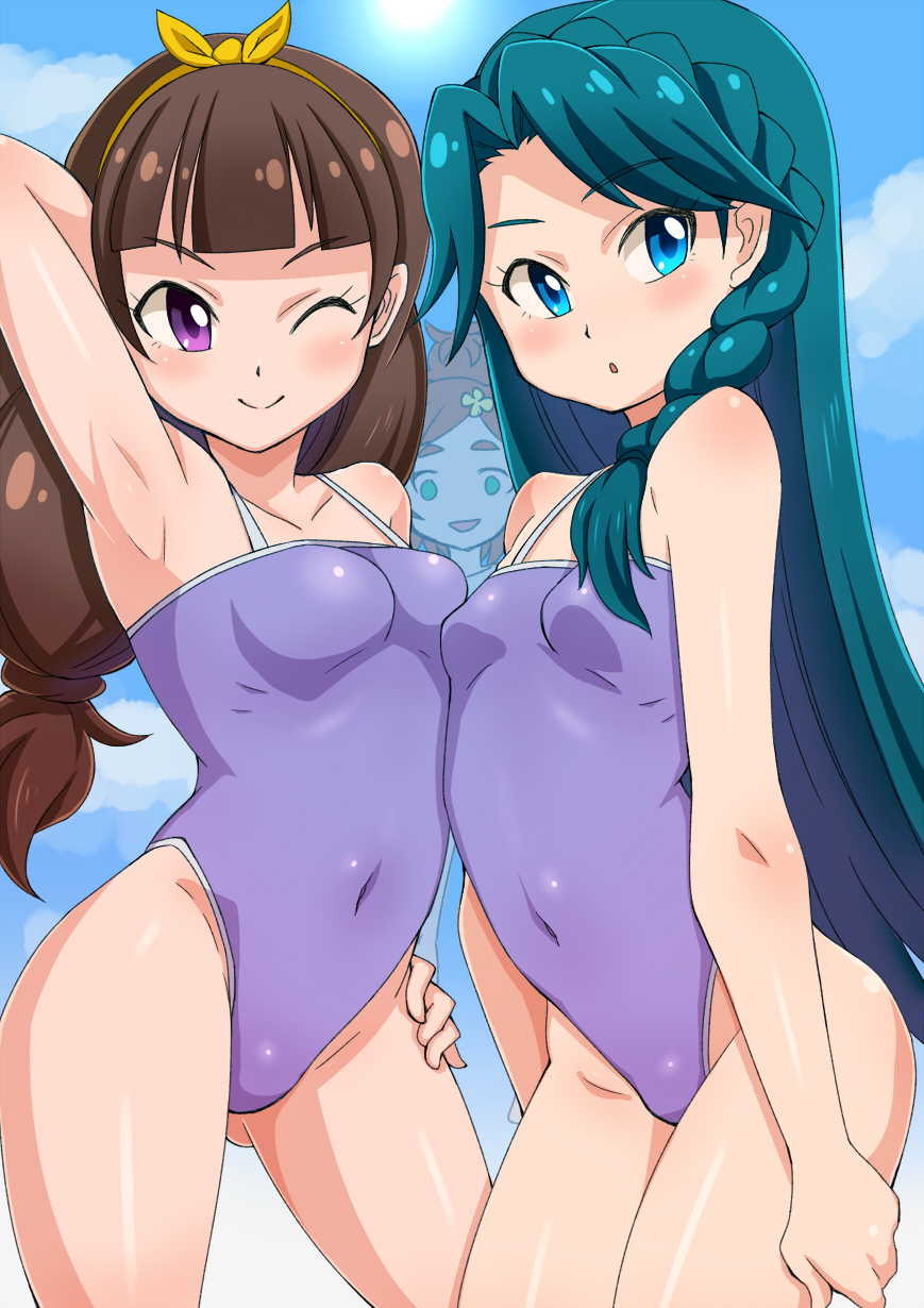 3girls amanogawa_kirara armpits blue_eyes blue_hair breast_envy brown_hair go!_princess_precure hairband haruno_haruka highres kaidou_minami konboi-eg long_hair multiple_girls one-piece_swimsuit precure swimsuit violet_eyes wink