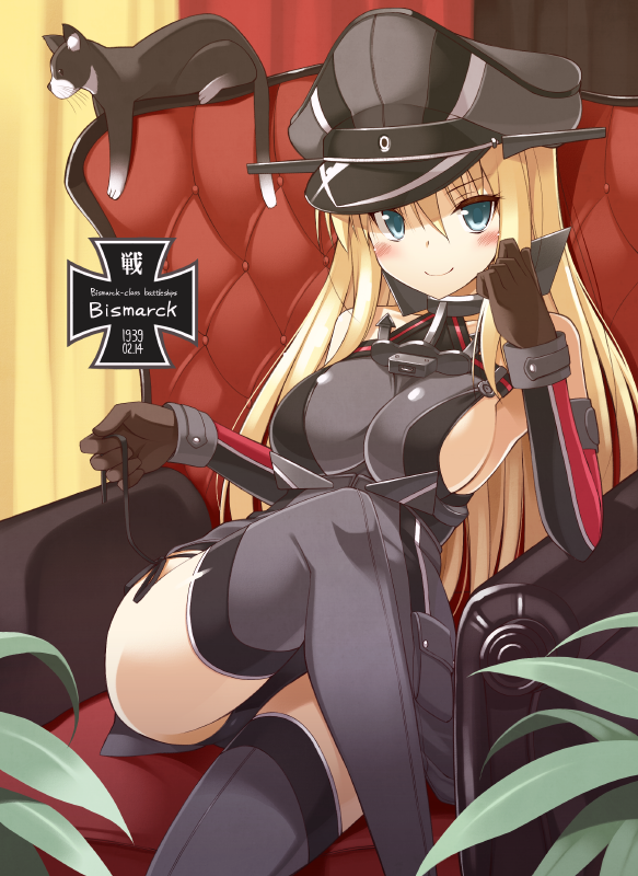 1girl anchor armchair bare_shoulders bismarck_(kantai_collection) blonde_hair blush breasts cat chair character_name chin_rest crossed_legs detached_sleeves gloves grey_legwear hair_between_eyes hat impossible_clothes iron_cross kantai_collection large_breasts long_hair looking_at_viewer military military_hat military_uniform oota_yuuichi peaked_cap sideboob sitting smile solo thigh-highs uniform