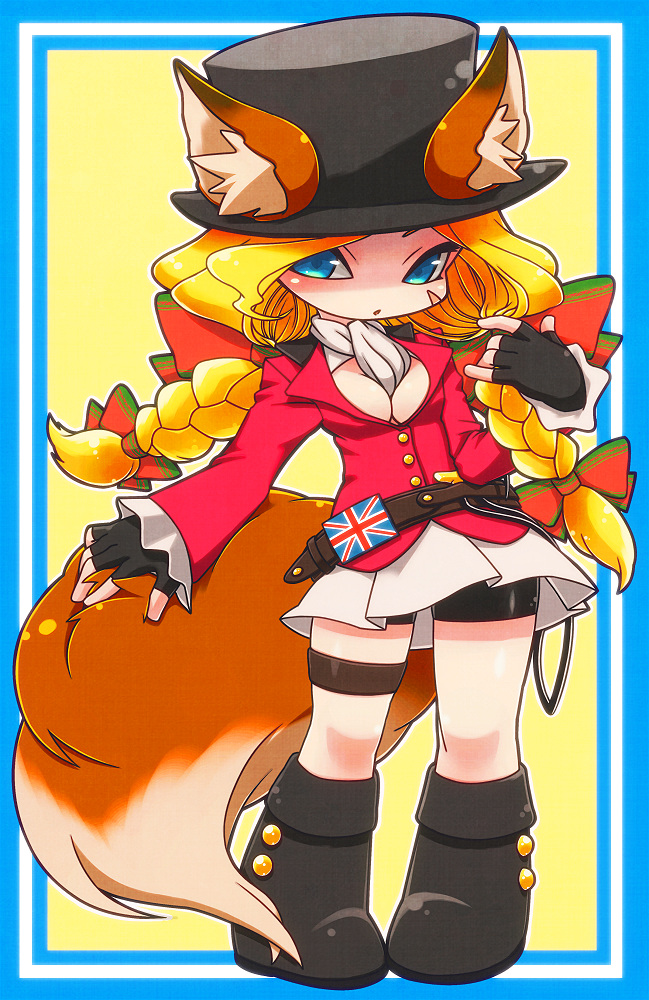 1girl alternate_costume animal_ears bike_shorts blonde_hair blue_eyes boots bow braid breasts cammy_white chibi cleavage fingerless_gloves flag_print fox_ears fox_tail full_body gloves hair_bow kemonomimi_mode knee_boots long_hair neckerchief pigeon-toed r_(waru) scar shorts_under_skirt skirt solo standing street_fighter tail twin_braids ultra_street_fighter_iv union_jack