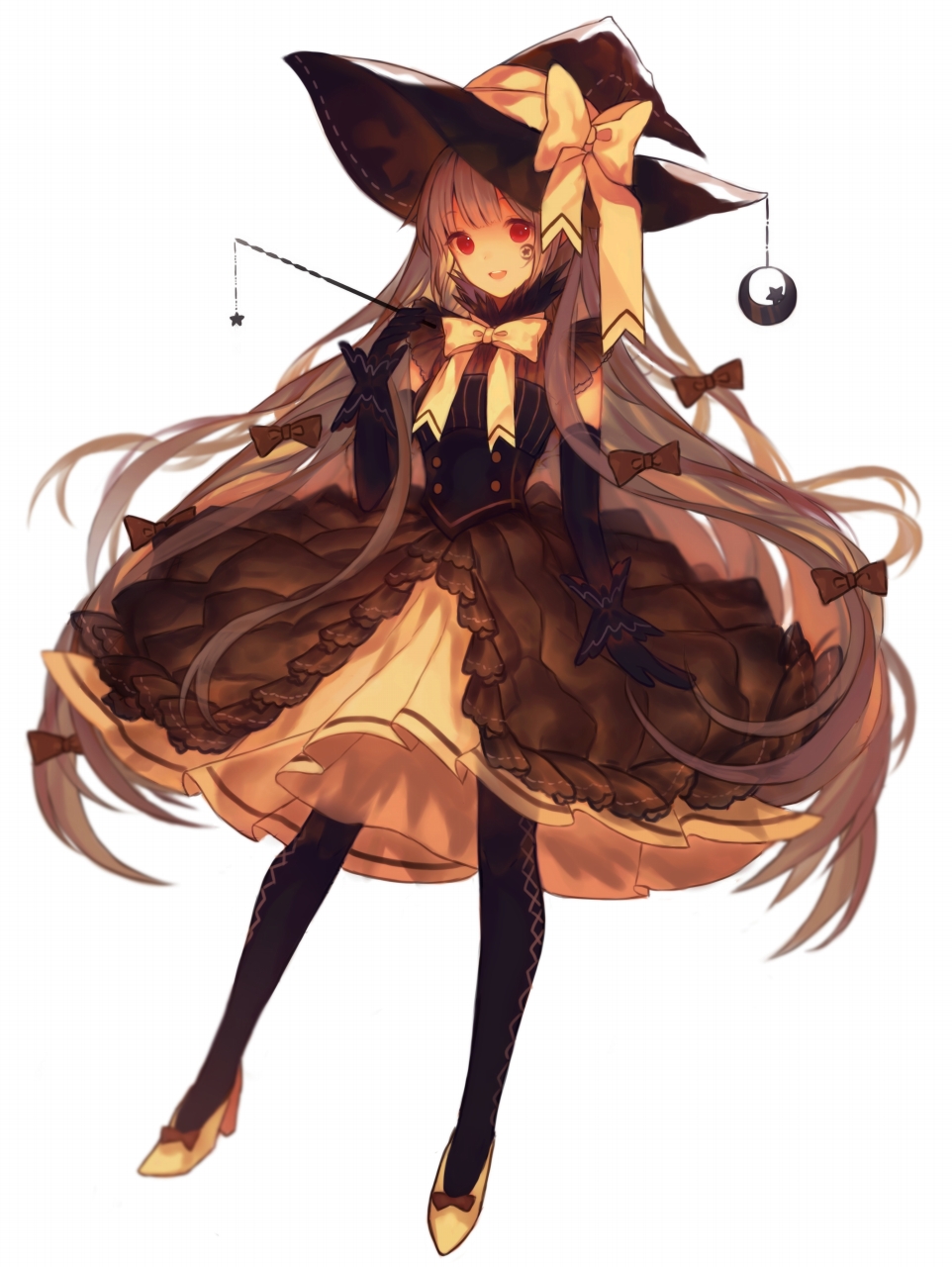 1girl bangs black_gloves black_legwear blunt_bangs bow crescent dress elbow_gloves facial_tattoo full_body gloves grey_hair hair_bow hat highres long_hair looking_at_viewer original pantyhose red_eyes ribbon solo tattoo very_long_hair wand witch witch_hat yasiromann