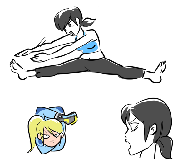 2girls metroid multiple_girls nintendo rocket_boots samus_aran stretch super_smash_bros. wii_fit wii_fit_trainer zero_suit