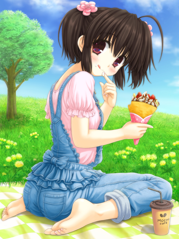 1girl :p ahoge aoi_akua barefoot blush brown_hair coffee crepe denim drinking_straw feet frills grass hair_ornament hairclip looking_back overalls short_hair short_sleeves sitting sky smile soles solo to_heart_2 toes tongue tongue_out tree twintails violet_eyes yuzuhara_konomi