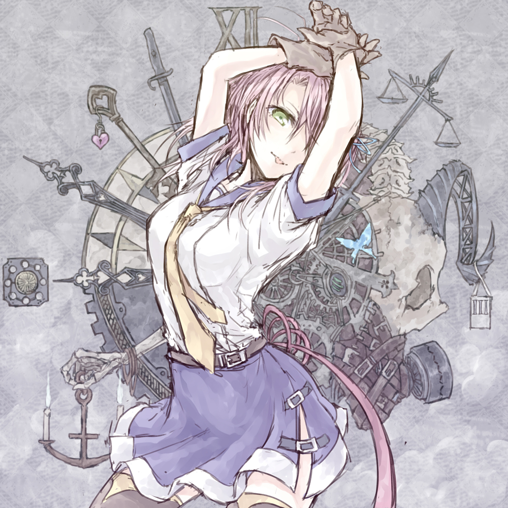 1girl anchor arms_up balance_scale blue_skirt bone brown_gloves brown_legwear butterfly gears gloves green_eyes hair_over_one_eye jewelry kantai_collection kinugasa_(kantai_collection) locket long_hair looking_at_viewer neckerchief pendant pleated_skirt re:chaen sailor_collar school_uniform serafuku skirt solo sword thigh-highs tongue tongue_out violet_eyes weapon