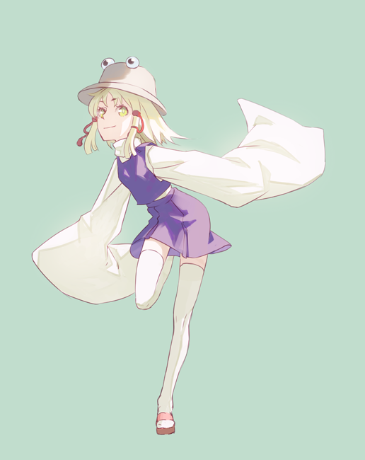 1girl blonde_hair hat looking_at_viewer moriya_suwako sandals skirt skirt_set sleeves_past_wrists smile solo standing_on_one_leg thigh-highs touhou vest wide_sleeves yamamomo_(plank) yellow_eyes zettai_ryouiki