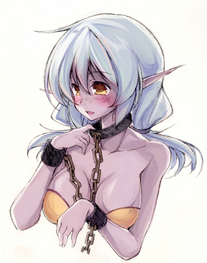 1girl bare_shoulders blue_hair blush breasts brown_eyes bustier chain collar cuffs elf large_breasts long_hair low_twintails maullarmaullar original pointy_ears purple_skin shackles slave solo twintails upper_body