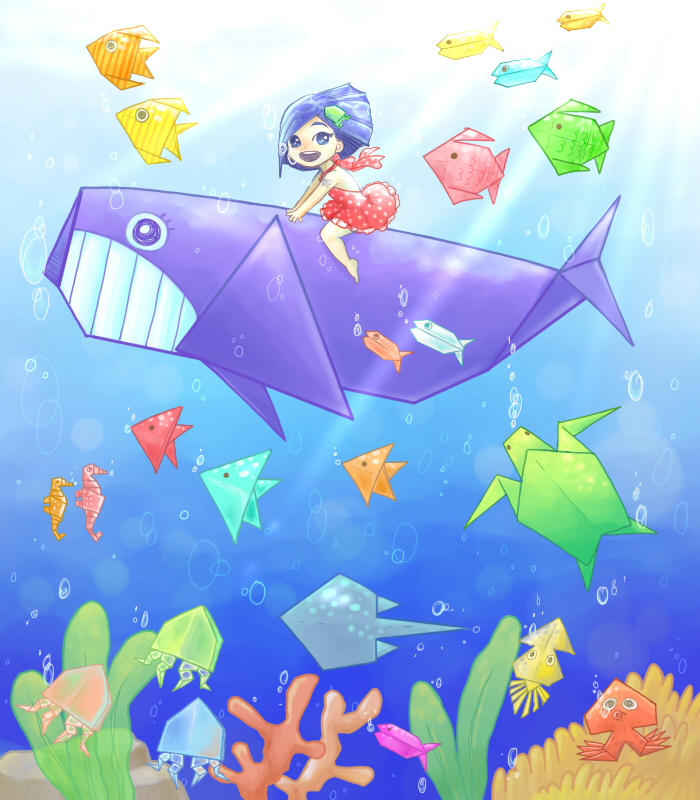 1boy bubble fish higashikata_tsurugi jellyfish jojo_no_kimyou_na_bouken jojolion origami otoko_no_ko paper_moon_king riding seahorse shakata_(ozi3) squid sunlight underwater whale