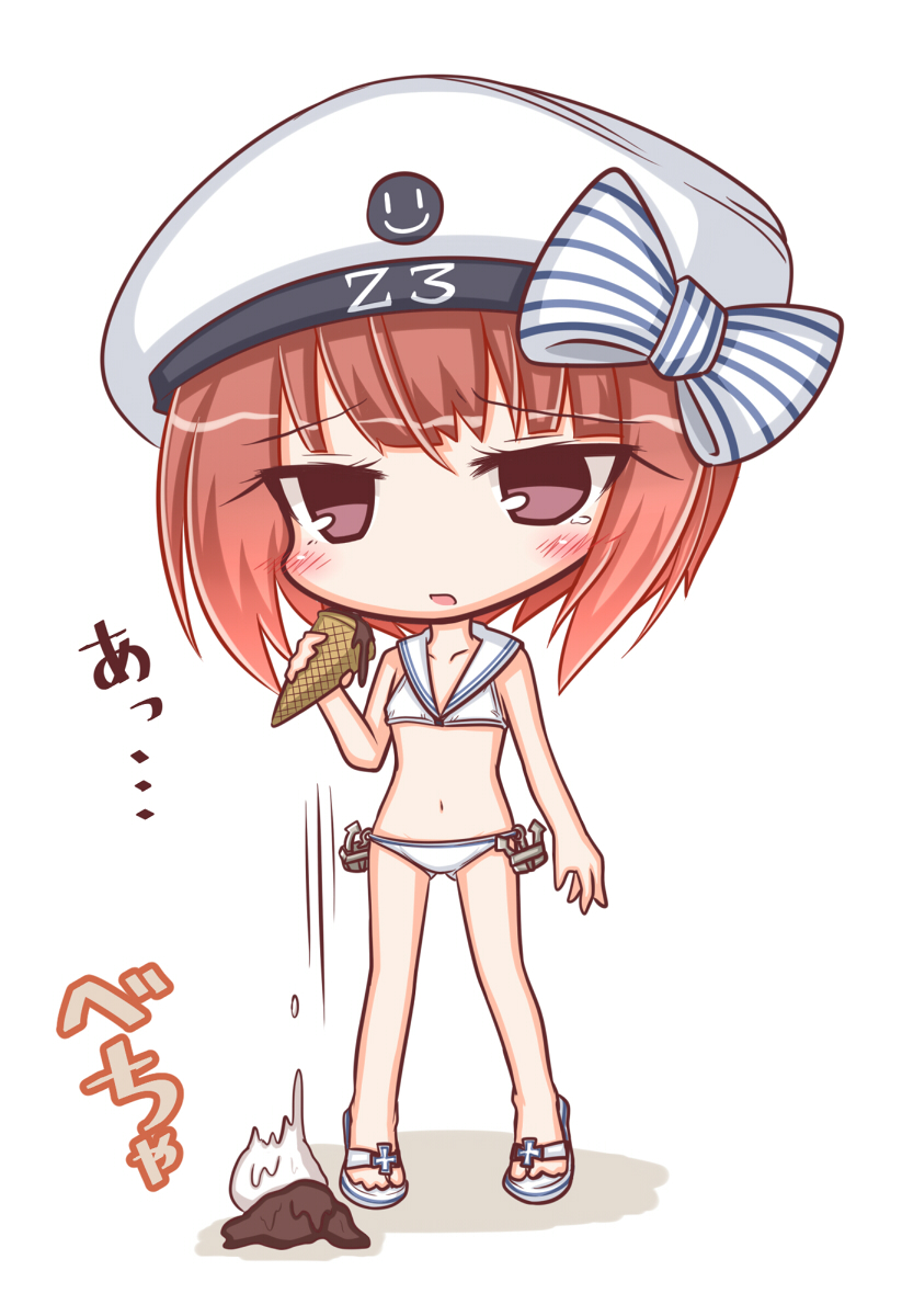 1girl anchor bare_arms bikini bow brown_eyes brown_hair character_name collarbone commentary_request double_scoop food full_body hair_bow hat highres holding holding_food ice_cream ice_cream_cone kantai_collection komakoma_(magicaltale) parted_lips peaked_cap sailor_bikini sailor_collar sandals short_hair simple_background solo striped striped_bow swimsuit tears translation_request white_background white_bikini white_footwear white_hat z3_max_schultz_(kantai_collection)