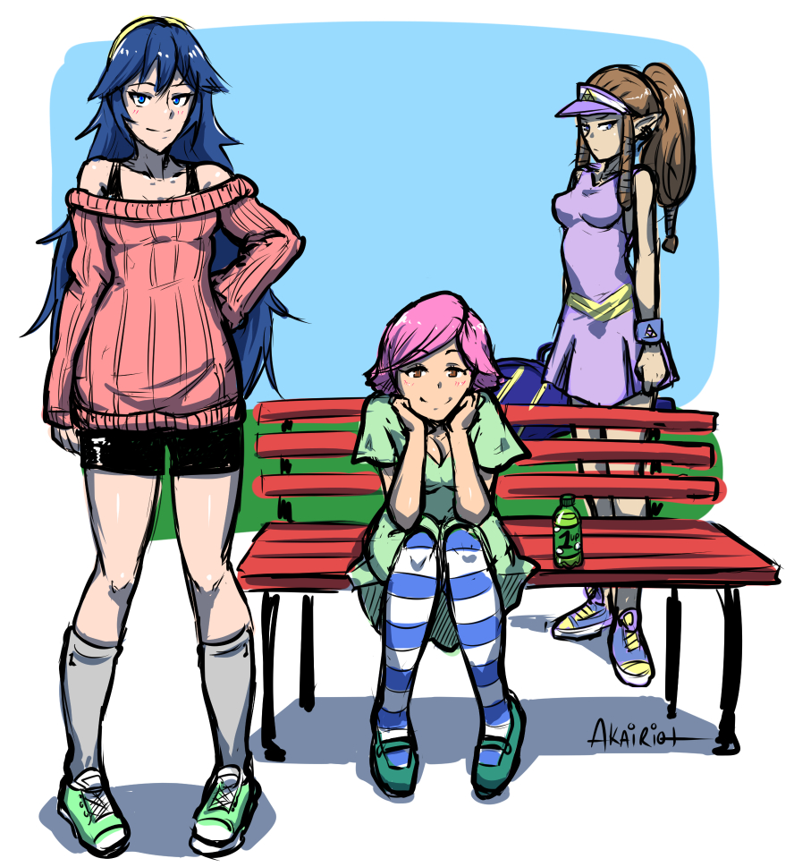 3girls akairiot bike_shorts blue_eyes blue_hair breasts brown_eyes brown_hair casual cleavage contemporary doubutsu_no_mori fire_emblem fire_emblem:_kakusei full_body hairband long_hair looking_at_viewer lucina multiple_girls off-shoulder_sweater park_bench payot pigeon-toed pink_hair pointy_ears princess_zelda shoes small_breasts smile sneakers socks standing striped striped_legwear super_smash_bros. twilight_princess villager_(doubutsu_no_mori) visor_cap wristband