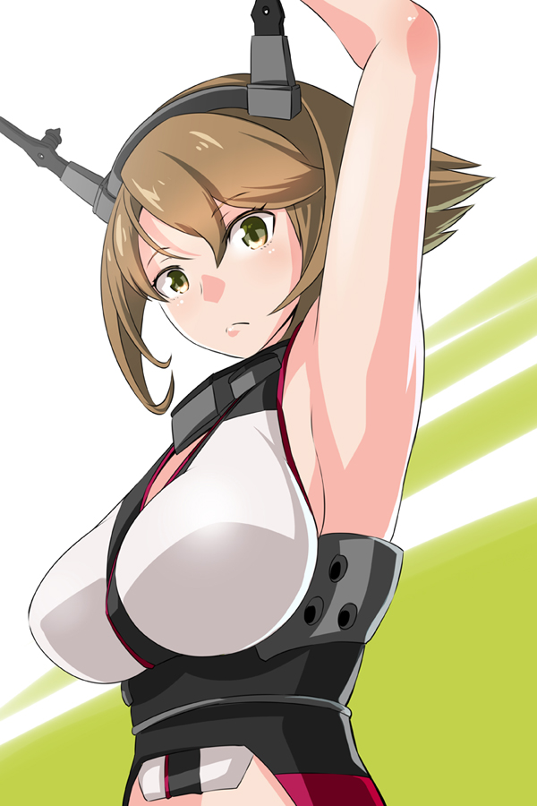 1girl arm_up armpits brown_hair green_eyes hairband kantai_collection kurobuchi_numama large_breasts looking_at_viewer mutsu_(kantai_collection) short_hair solo