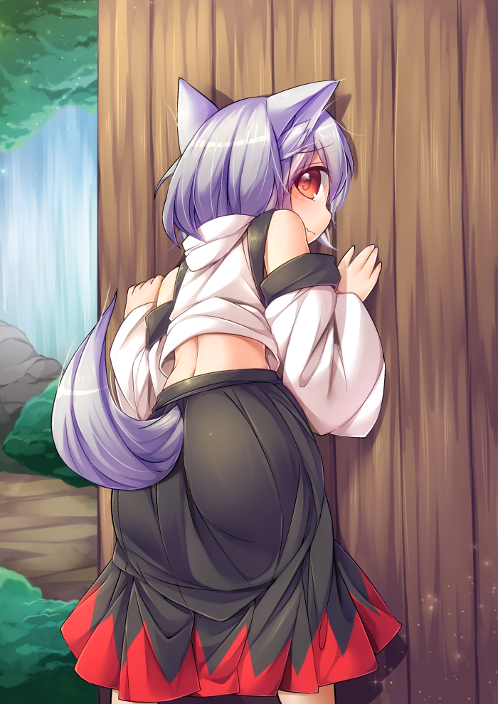 1girl against_glass animal_ears bare_shoulders blush detached_sleeves fun_bo inubashiri_momiji long_sleeves looking_at_viewer looking_back red_eyes shirt skirt solo tail touhou wavy_mouth wide_sleeves wolf_ears wolf_tail