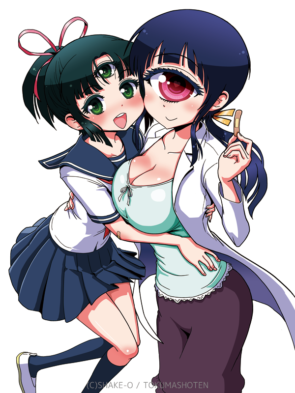 2girls :d artist_name bandaid blue_hair breasts cleavage cyclops extra_eyes green_eyes green_hair heart heart-shaped_pupils hitomi_(hitomi_sensei_no_hokenshitsu) hitomi_sensei_no_hokenshitsu hug labcoat large_breasts long_hair mitsumi_(hitomi_sensei_no_hokenshitsu) multiple_girls official_art one-eyed open_mouth payot pink_eyes ponytail school_nurse school_uniform shake-o siblings simple_background sisters smile symbol-shaped_pupils teacher_and_student white_background