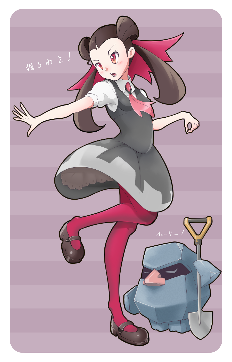 1girl brown_hair dress hair_ornament highres leg_up mary_janes necktie nosepass pantyhose pink_legwear pokemon pokemon_(creature) red_eyes rokumaru shoes shovel striped striped_background tsutsuji_(pokemon) twintails worktool