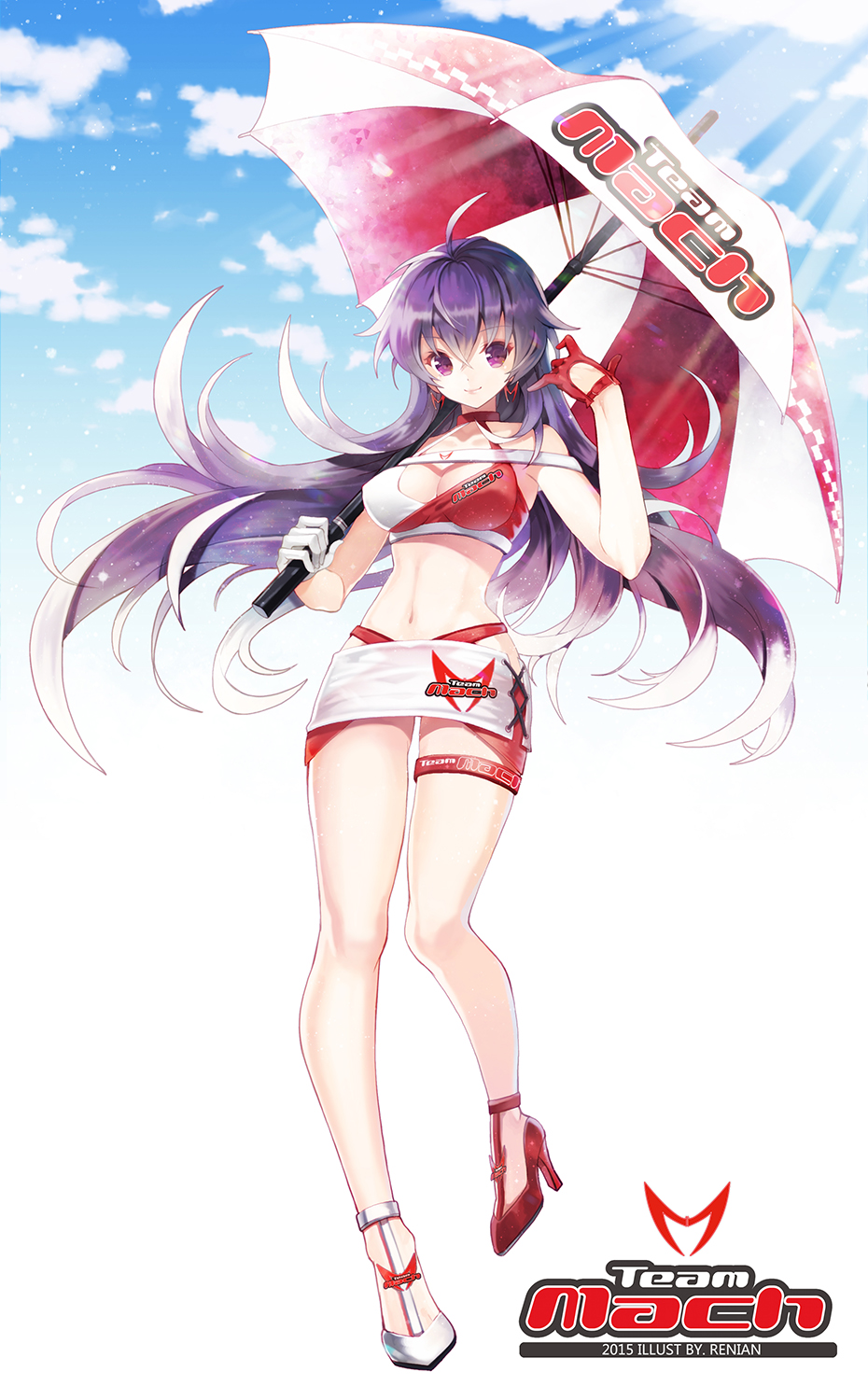 1girl ahoge artist_name bare_arms breasts cleavage clouds earrings english full_body gloves high_heels highres holding jewelry legs long_hair looking_at_viewer midriff miniskirt mismatched_gloves navel original purple_hair racequeen rednian skirt smile solo thigh_strap umbrella very_long_hair violet_eyes