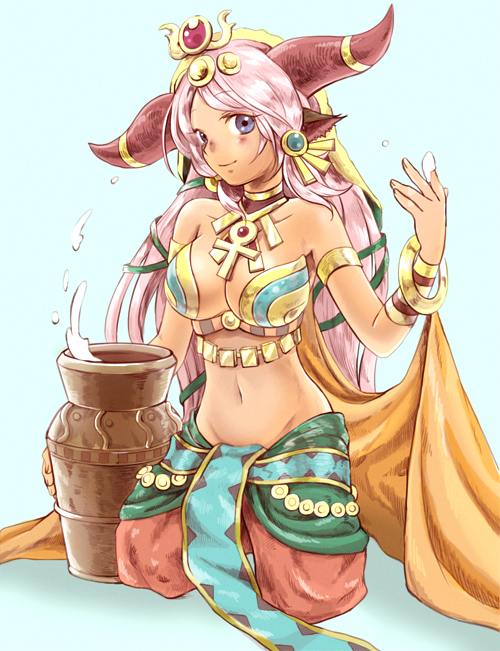 1girl animal_ears ankh armlet bangle bare_shoulders blue_eyes blush bracelet bracer breasts cleavage collarbone cow_ears cow_horns dark_skin egyptian hair_ornament hathor_(p&amp;d) horn_ring horns jar jewelry kneeling large_breasts long_hair matsuri_(matsuike) mound_of_venus navel necklace pink_hair puzzle_&amp;_dragons smile solo very_long_hair