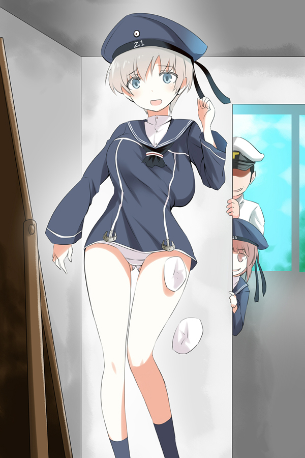 1boy 2girls admiral_(kantai_collection) black_hair blonde_hair blue_eyes breast_conscious breast_padding brown_eyes brown_hair faceless faceless_male grin hat kantai_collection kurobuchi_numama multiple_girls open_mouth panties smile underwear white_panties z1_leberecht_maass_(kantai_collection) z3_max_schultz_(kantai_collection)