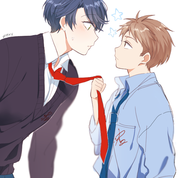 1boy 1girl apfl0515 artist_name blue_hair brown_eyes brown_hair gekkan_shoujo_nozaki-kun green_eyes height_difference hori_masayuki kashima_yuu necktie necktie_grab reverse_trap short_hair star sweatdrop white_background younger