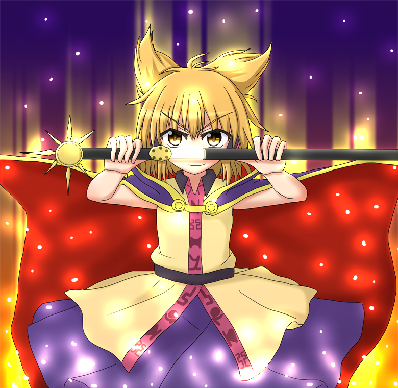 &gt;:) 1girl belt blonde_hair cape drawing_sword dress earmuffs glowing glowing_sword glowing_weapon layered_dress looking_at_viewer pointy_hair scabbard sheath short_hair solo sword teoi_(good_chaos) touhou toyosatomimi_no_miko weapon yellow_eyes