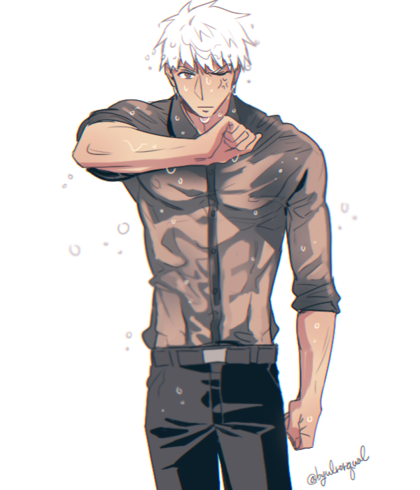 1boy anger_vein archer byulrorqual fate/stay_night fate_(series) grey_eyes necktie one_eye_closed shirt solo wet wet_clothes wet_shirt