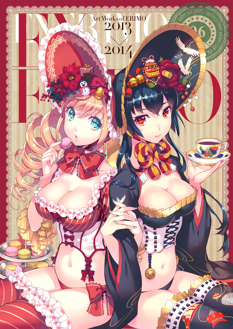 2girls aqua_eyes aqua_nails argyle argyle_background black_hair blonde_hair bonnet bow breasts bustier cleavage cover cover_page cup doujin_cover drill_hair holding_hands interlocked_fingers macaron multiple_girls nail_polish navel nishimura_eri original pink_nails red_eyes red_legwear saucer sitting teacup thigh-highs tiered_tray