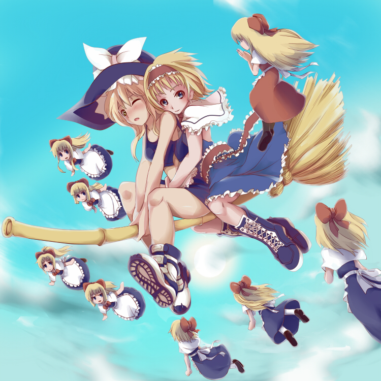 2girls alice_margatroid alternate_costume alternate_footwear apron bare_arms blonde_hair blue_eyes blue_sky boots bow broom broom_riding capelet clouds crop_top cross-laced_footwear facing_away gigigio_(5315yuina) hair_bow hairband hat hat_ribbon head_on_shoulder hourai_doll kirisame_marisa knee_boots lolita_hairband looking_at_viewer multiple_girls open_mouth ribbon sash shanghai_doll shoes sky smile sneakers touhou witch_hat yellow_eyes