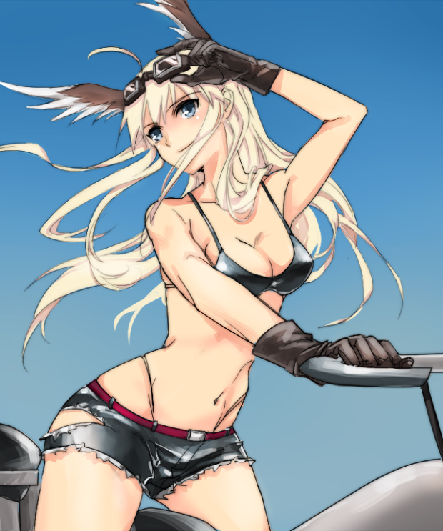 1girl animal_ears bikini_top blonde_hair blue_eyes denim gloves goggles goggles_on_head hanna-justina_marseille jeans long_hair motor_vehicle motorcycle mrmarchhare navel pants short_shorts shorts smile solo strike_witches vehicle