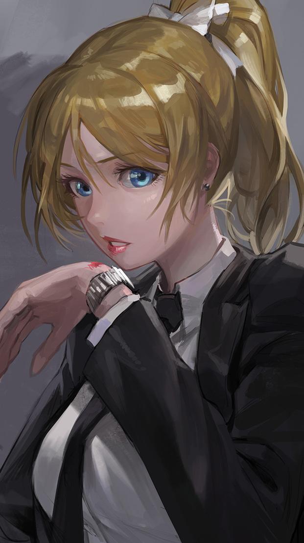 1girl alternate_costume ayase_eli blonde_hair blue_eyes dress_shirt earrings formal hand_up jewelry lipstick looking_at_viewer love_live!_school_idol_project makeup mossi pant_suit parted_lips ponytail red_lipstick shirt short_hair solo suit upper_body watch watch white_shirt
