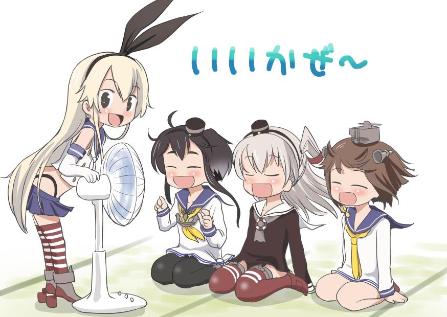 4girls :d ^_^ ahenn amatsukaze_(kantai_collection) anchor black_hair black_legwear blonde_hair blue_skirt brown_hair closed_eyes crop_top crop_top_overhang fan highleg highleg_panties kantai_collection lifebuoy long_hair miniskirt multicolored_legwear multiple_girls neckerchief open_mouth panties pleated_skirt sailor_collar sailor_dress school_uniform serafuku shimakaze_(kantai_collection) short_hair silver_hair sitting skirt smile striped striped_legwear thigh-highs tokitsukaze_(kantai_collection) underwear yukikaze_(kantai_collection)