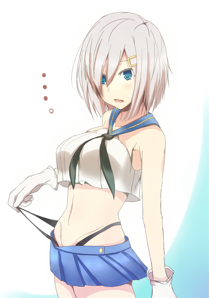 1girl armpits black_panties blue_eyes breasts gloves hair_ornament hairclip hamakaze_(kantai_collection) kantai_collection large_breasts microskirt midriff mound_of_venus navel open_mouth panties panty_lift shimakaze_(kantai_collection) shimakaze_(kantai_collection)_(cosplay) short_hair silver_hair skirt solo sweatdrop toronto_(doronbo) underwear