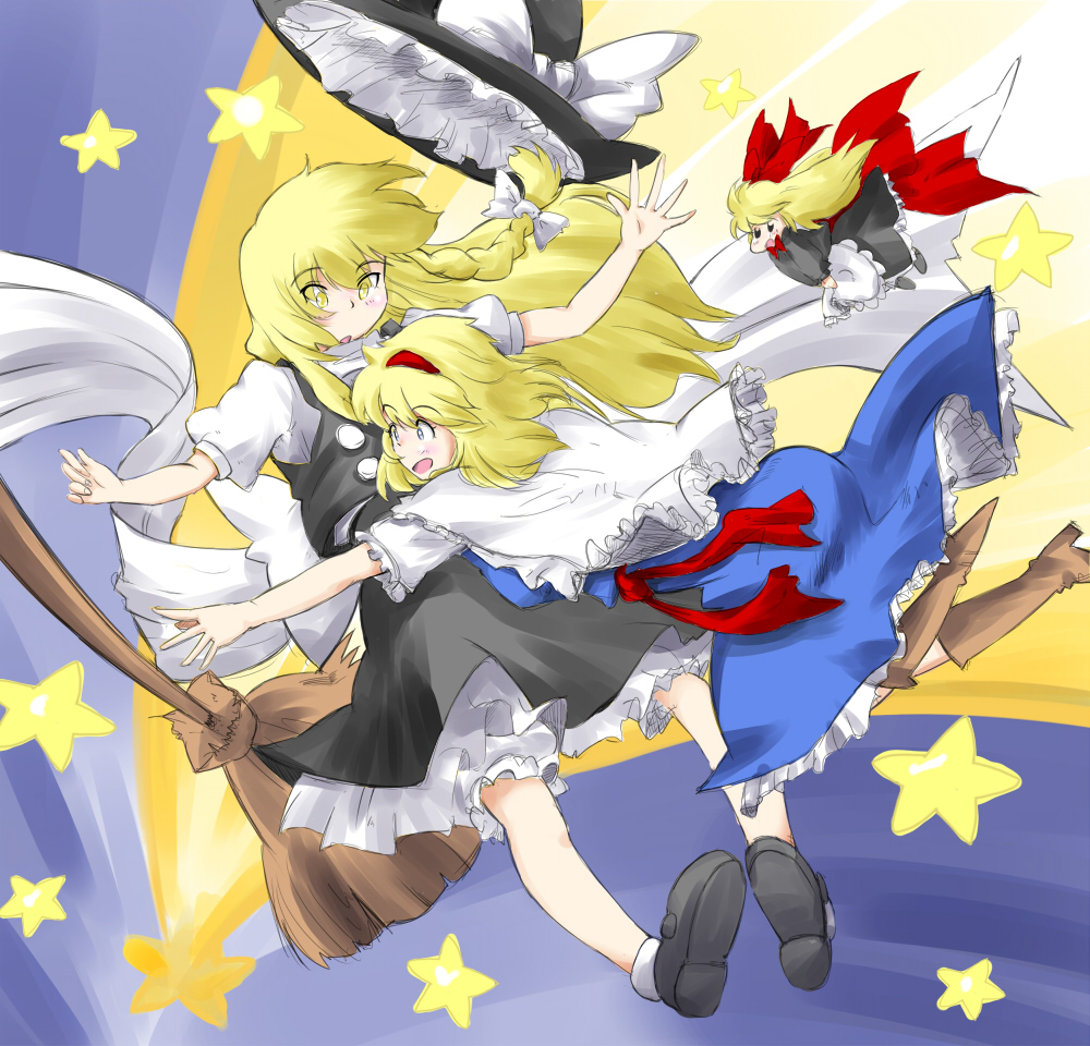 3girls alice_margatroid blonde_hair blue_eyes blush boots braid broom capelet couple hat hat_removed headwear_removed long_hair multiple_girls non_(z-art) open_mouth sash shanghai_doll short_hair side_braid star touhou witch_hat yellow_eyes yuri