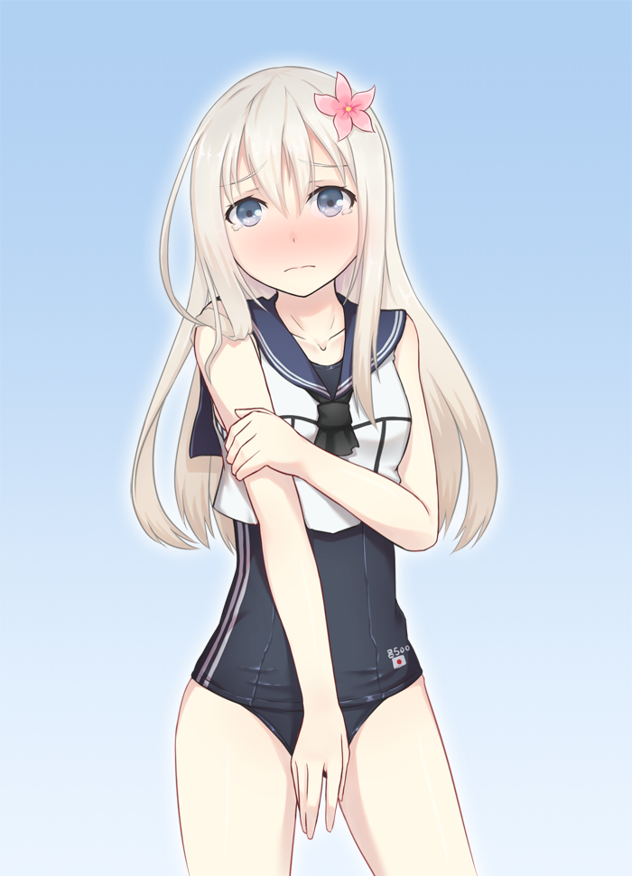 1girl bare_back bare_shoulders blue_eyes blush cosplay cowboy_shot embarrassed flower hair_flower hair_ornament kantai_collection long_hair looking_at_viewer neckerchief pale_skin ro-500_(kantai_collection) ro-500_(kantai_collection)_(cosplay) sailor_collar school_swimsuit seatollead solo swimsuit swimsuit_under_clothes tears u-511_(kantai_collection) white_hair