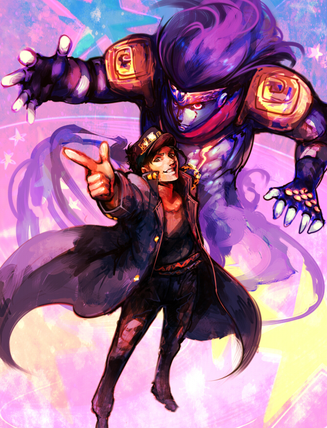 2boys gakuran hat jojo_no_kimyou_na_bouken kuujou_joutarou long_coat masayoshi multiple_boys pointing purple school_uniform stand_(jojo) star_platinum