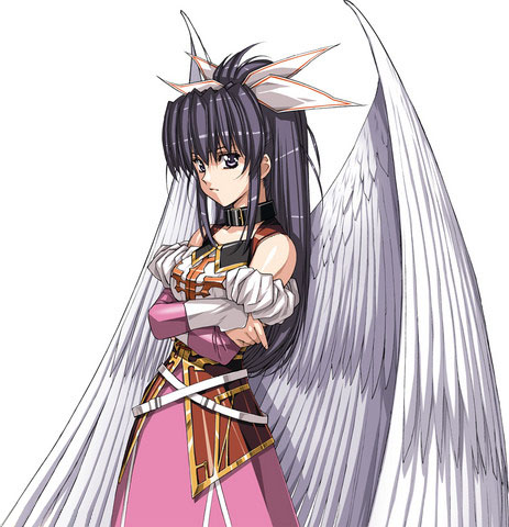 1girl angel_wings black_hair bow choker crossed_arms dress expressionless grey_eyes growlanser growlanser_i hair_bow long_hair lowres melphie official_art pink_dress ponytail solo upper_body urushihara_satoshi white_background white_bow white_wings wings