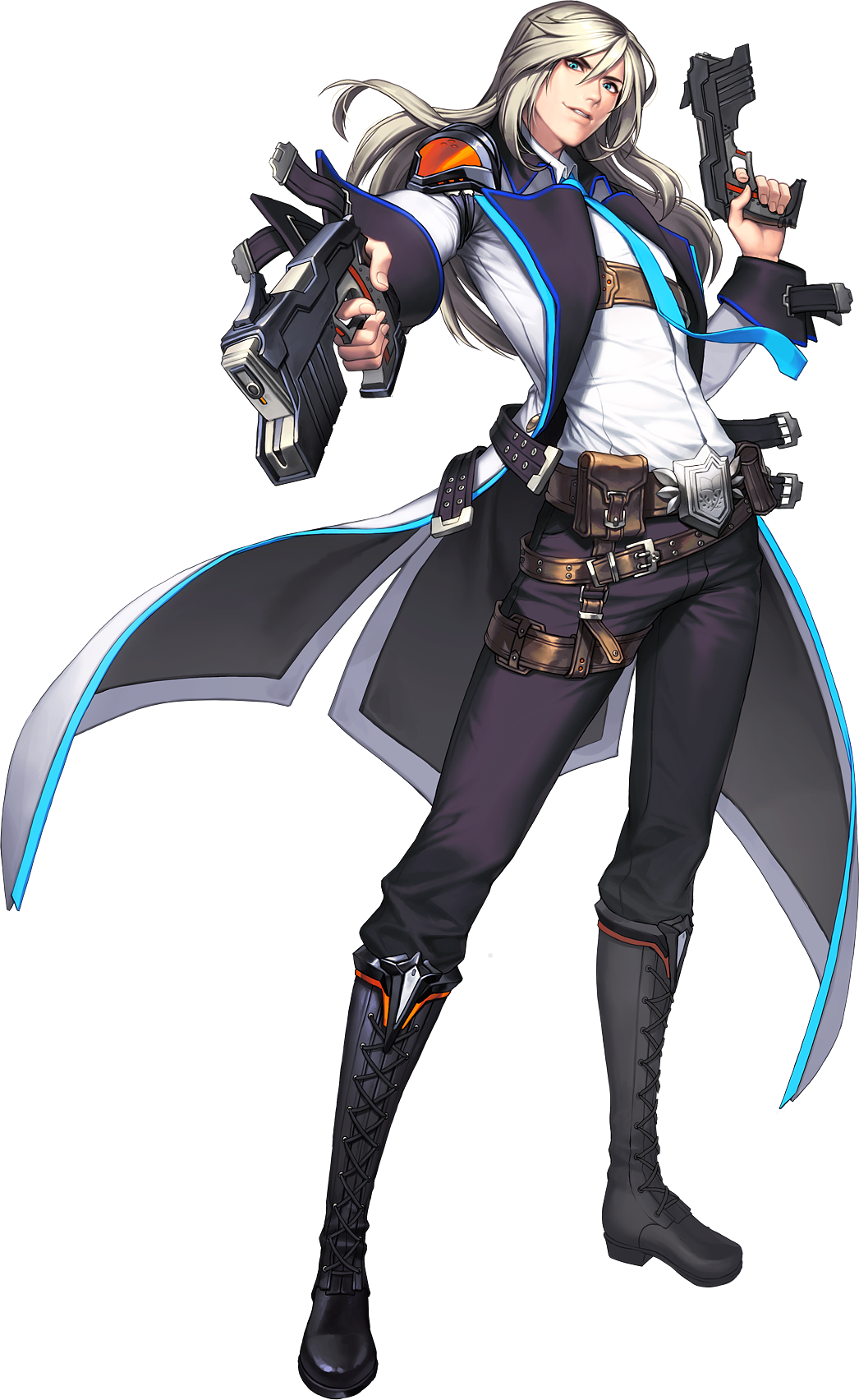 1boy alternate_costume aqua_eyes belt boots chaos_online dual_wielding full_body gun handgun highres long_hair looking_at_viewer love_cacao male_focus official_art parted_lips simple_background solo standing transparent_background weapon zerdin