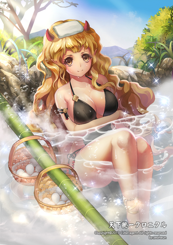 1girl anklet bamboo basket breast_hold breasts brown_eyes demon_horns egg horns jewelry large_breasts light_brown_hair light_rays long_hair looking_at_viewer onsen outdoors partially_submerged sitting smile solo steam swimsuit tenka_touitsu_chronicle towel towel_on_head water wavy_hair yamkom
