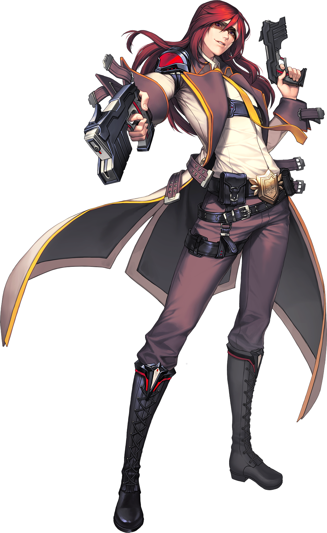 1boy alternate_costume belt boots chaos_online dual_wielding full_body gun handgun highres long_hair looking_at_viewer love_cacao male_focus official_art parted_lips redhead simple_background solo standing sunglasses transparent_background violet_eyes weapon zerdin