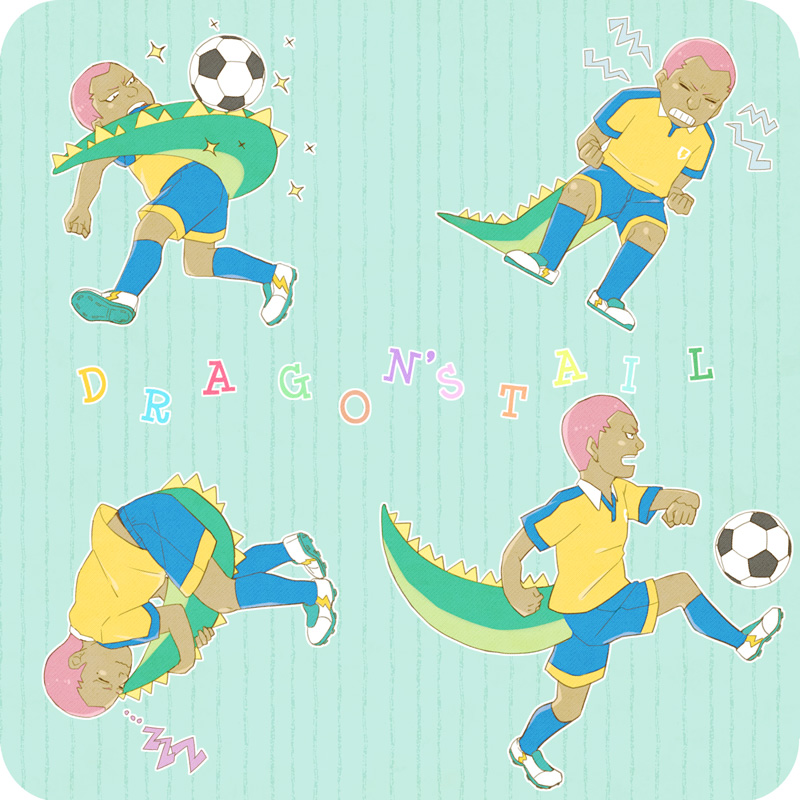 1boy ball clenched_teeth closed_eyes dragon_tail english inazuma_eleven inazuma_eleven_(series) inazuma_eleven_go konika male_focus open_mouth raimon raimon_soccer_uniform soccer_ball soccer_uniform solo someoka_ryuugo sparkle sportswear tail telstar zzz