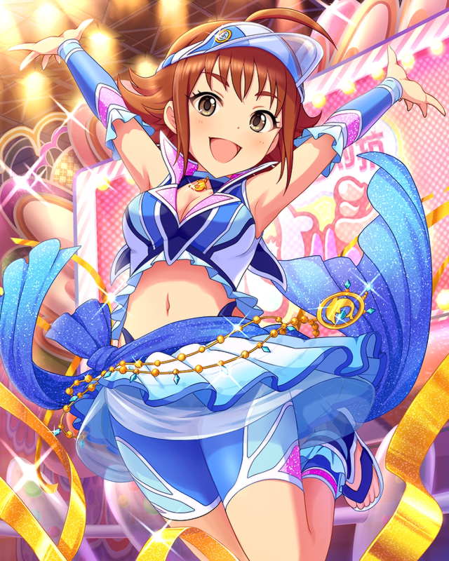 arms_up artist_request brown_eyes brown_hair character_name dolphin idolmaster idolmaster_cinderella_girls nishijima_kai source_request tagme visor_cap