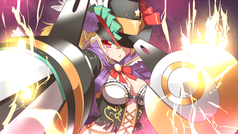 1girl bare_shoulders breasts chaulking_gun_(ole_tower) cleavage dual_wielding gloves glue_gun_(ole_tower) hat hat_feather ole_tower solo yuto_(dialique)