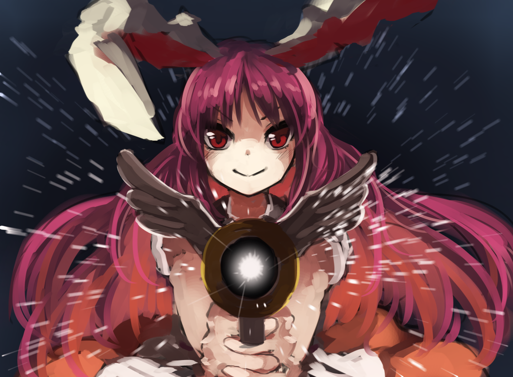 1girl animal_ears berabou blush glowing gun holding_weapon legacy_of_lunatic_kingdom long_hair looking_at_viewer outstretched_arms purple_hair rabbit_ears red_eyes reisen_udongein_inaba shirt short_sleeves simple_background smile solo touhou upper_body weapon wings