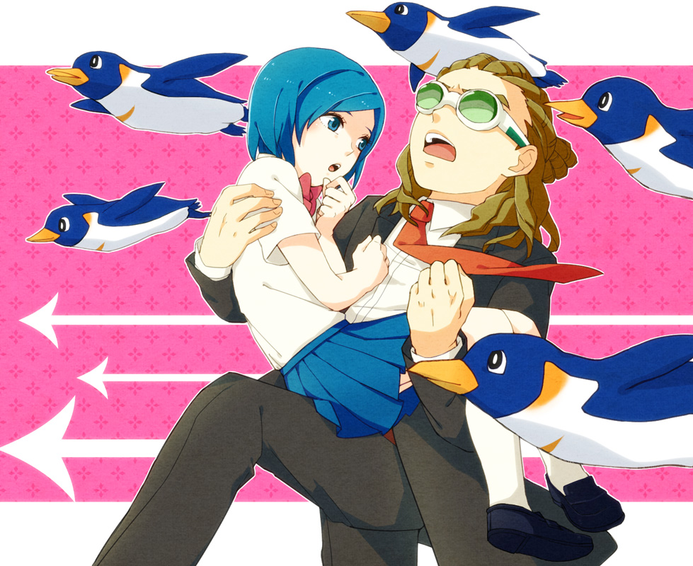 1boy 1girl bird blue_eyes blue_hair blue_skirt brown_hair carrying formal goggles hairlocs inazuma_eleven_(series) inazuma_eleven_go kidou_yuuto konika long_hair necktie open_mouth penguin pleated_skirt princess_carry raimon raimon_school_uniform red_necktie running school_uniform short_hair skirt sorano_aoi suit